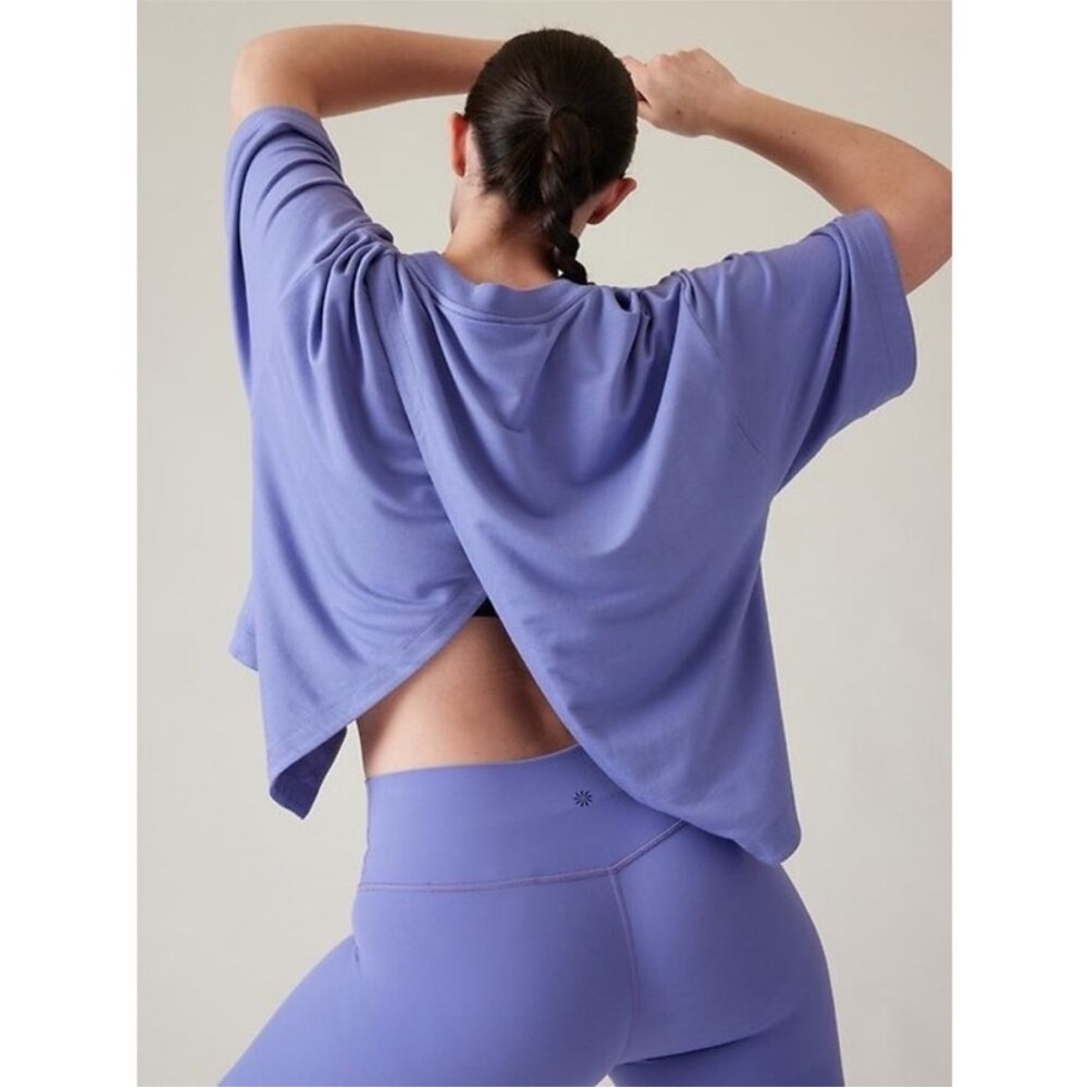 ATHLETA | Adonis Blue Purple Bliss Short Sleeve Sweatshirt Open Back Super Soft